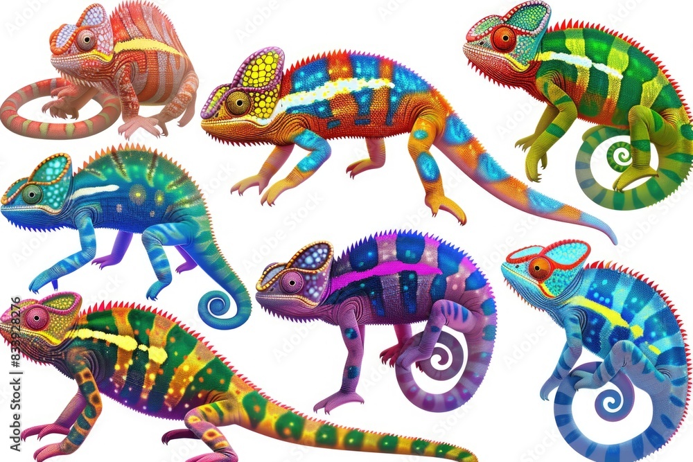 Poster multiple colorful chameleons on a clean white background, great for illustration or design use