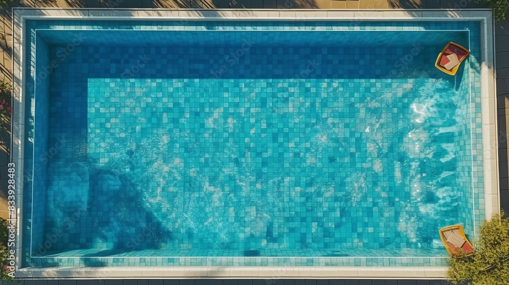 Wall mural Top view of swimming pool with blue tiles and sun loungers