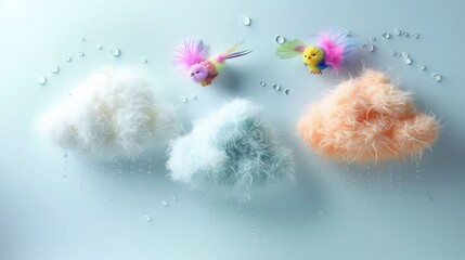 A whimsical arrangement on a white wall featuring three fluffy artificial clouds, each adorned with glistening water drops. Circling these clouds are three colorful birds