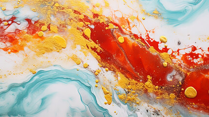 Abstract artistic background with teal and red marble with golden paint stains.