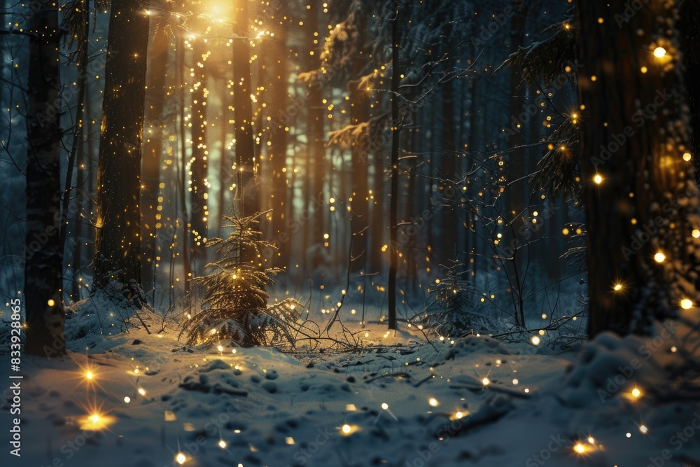 Poster winter forest scene with dense trees covered in snow