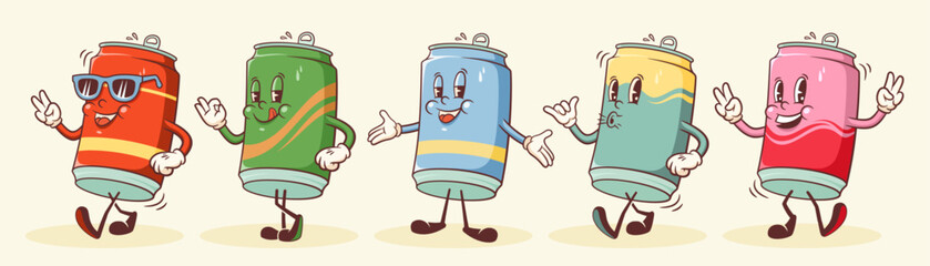 Groovy Soda Can Retro Characters Set. Cartoon Food Beer and Juice Drink Walking and Smiling Vector Fast Food Beverage Mascot Templates Collection Happy Vintage Cool Cold Coffee Illustrations Isolated