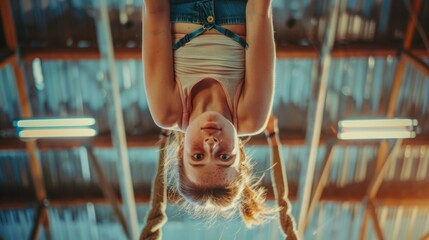 Young gymnast performing an inverted pose on a horizontal bar, highlighting her strength and flexibility