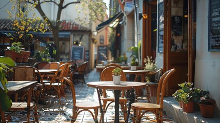 An urban outdoor terrace in a french street, cafe, bright and cheerful atmosphere. Generative AI.