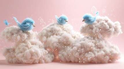 A whimsical display of three fluffy clouds, each meticulously crafted with water drops. Flitting among these clouds are three charming blue birds
