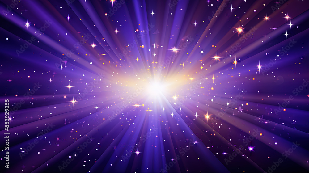 Poster abstract backgound with purple and orange light rays. god rays or light burst with bokeh