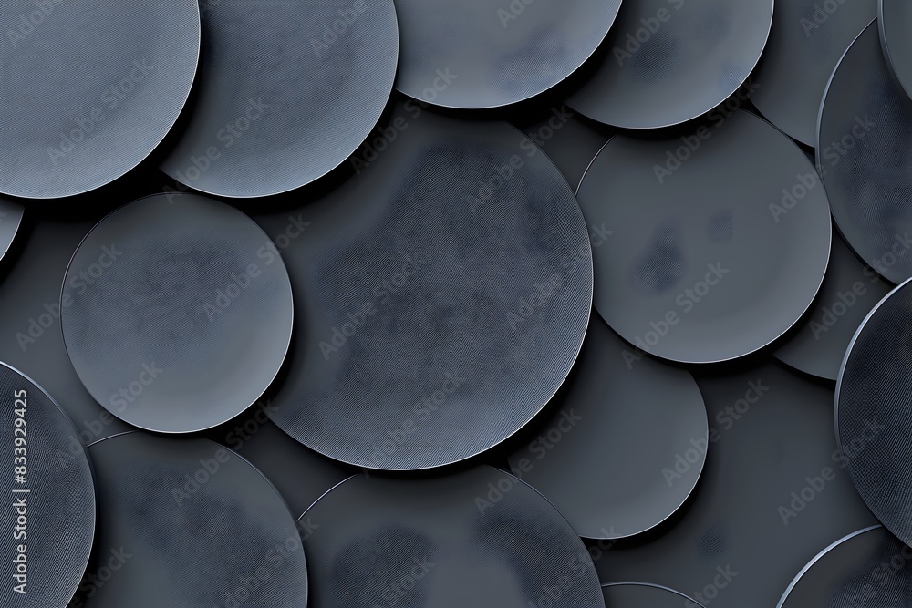 Poster dark grey background with large round shapes arranged in an orderly pattern in the style of