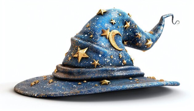 Create a realistic wizards hat with stars and moon patterns, isolated on a white background