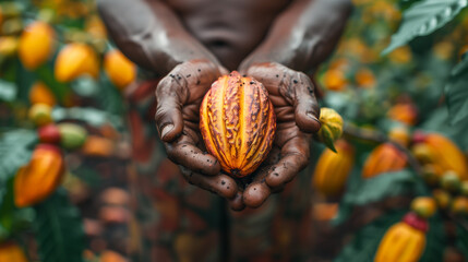 Fototapeta premium Handmade by a farmer or collector of natural, fresh and ripe cocoa. Natural, organic and sustainable cocoa. Organically grown cocoa plantation.