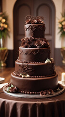 Elegant Chocolate-Themed Wedding: Bride and Groom Cutting Intricately Designed Cake, Surrounded by Floral Arrangements and Chocolate Favors, Generative AI