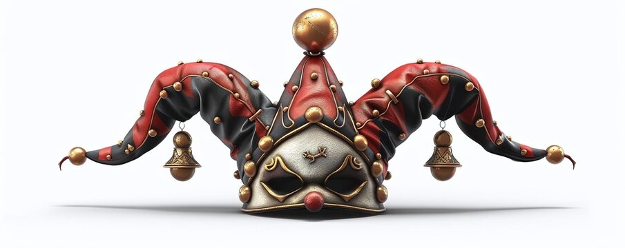Generate a realistic creepy jester hat with bells, isolated on a white background