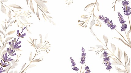 Lavender floral, luxury botanical on white background vector, empty space in the middle to leave room for text or logo, gold line wallpaper, leaves, flower, foliage, hand drawn 