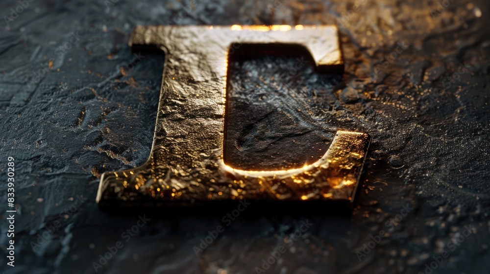 Poster a close-up shot of a metal letter placed on a surface, suitable for use in designs and projects wher