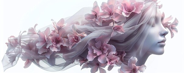 Generate a realistic headpiece with ghostly veil and flowers, isolated on a white background