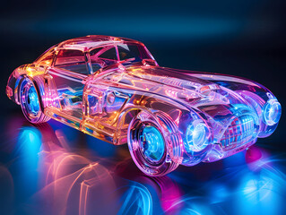 A futuristic neon car with glowing wheels and a reflection.