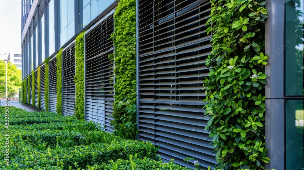 Poster a green wall providing a refreshing contrast to the harsh lines and angles of surrounding architectu