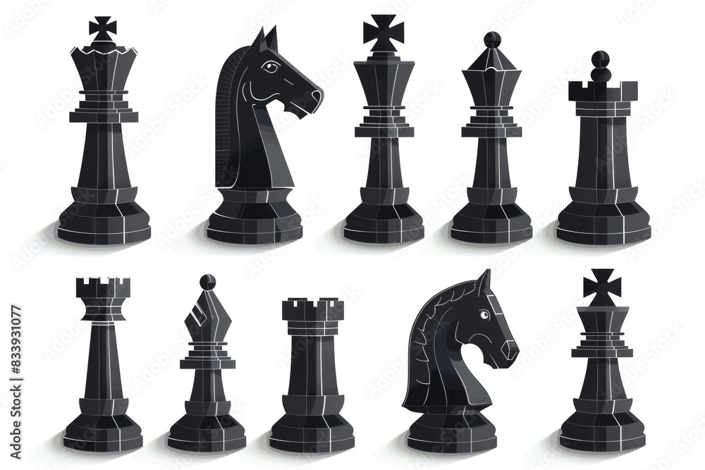 Poster a collection of chess pieces arranged on a white background, ideal for use in educational or commerc