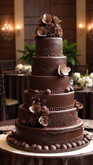 Elegant Chocolate-Themed Wedding: Bride and Groom Cutting Intricately Designed Cake, Surrounded by Floral Arrangements and Chocolate Favors, Generative AI