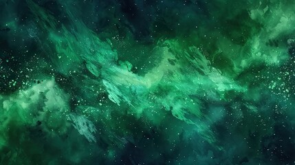 An artistic interpretation of a green aurora, with shades of green watercolor blending into the night sky, creating a mesmerizing and ethereal effect.
