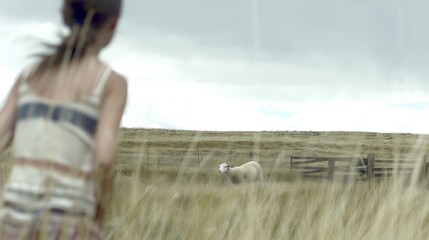 Obraz premium Woman Observing Sheep in Grassland