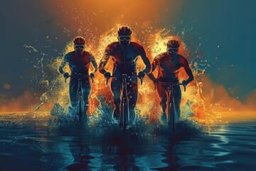Fototapeta premium Group of cyclists pedaling on calm waters, suitable for travel, leisure or fitness themes