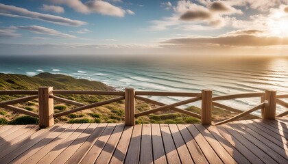 wooden deck with fence overlooking the ocean - Powered by Adobe