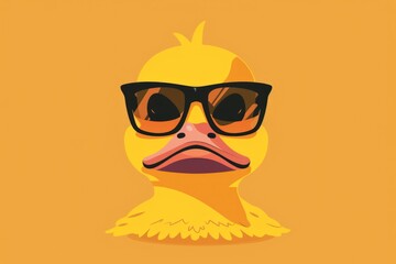 Fototapeta premium A cheerful yellow duck sporting trendy sunglasses on a bright yellow background, perfect for kids' party decorations or fun illustrations