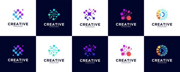 pixel flake logo set, digital science, electrical connection, logo design vector.