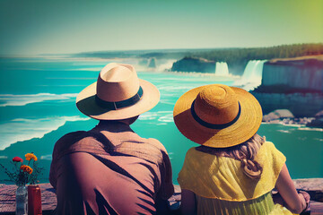 A man and a woman, a family young couple of tourists in straw sombrero hats, view from the back, admire the landscape. Generated by artificial intelligence.