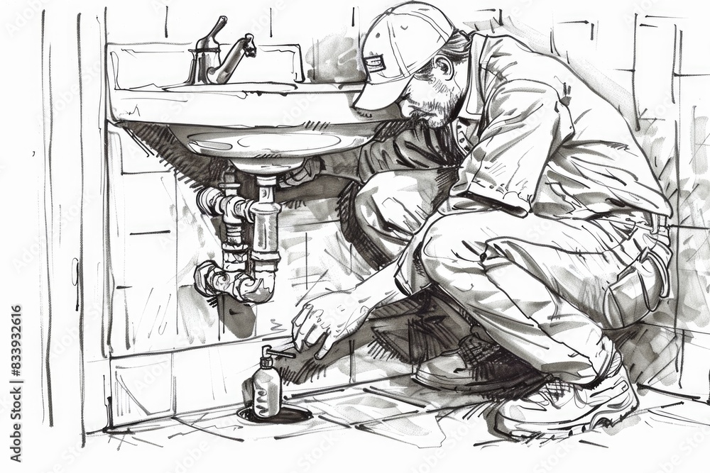 Poster a person is fixing a leaky sink with tools and a wrench