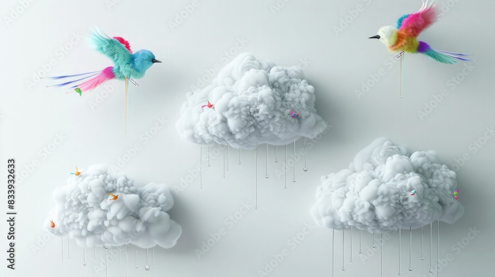 Poster on a white wall, three fluffy artificial clouds each dripping with water create a serene backdrop. f