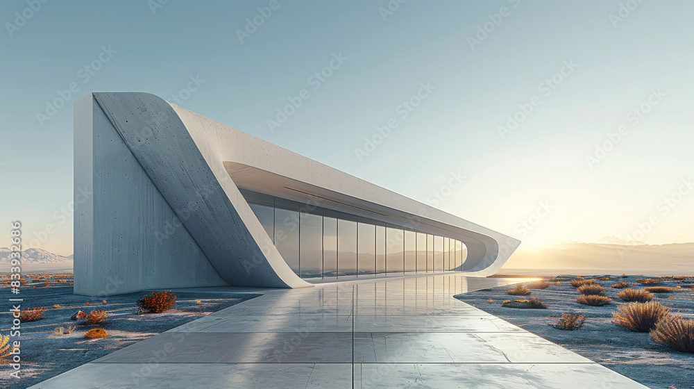Poster an art gallery with artistic lines in the desert, minimalism. generative ai.