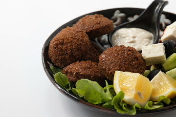 Healthy Food Concept, Arabian Food, Falafel with Dipping, Hummus . White Background