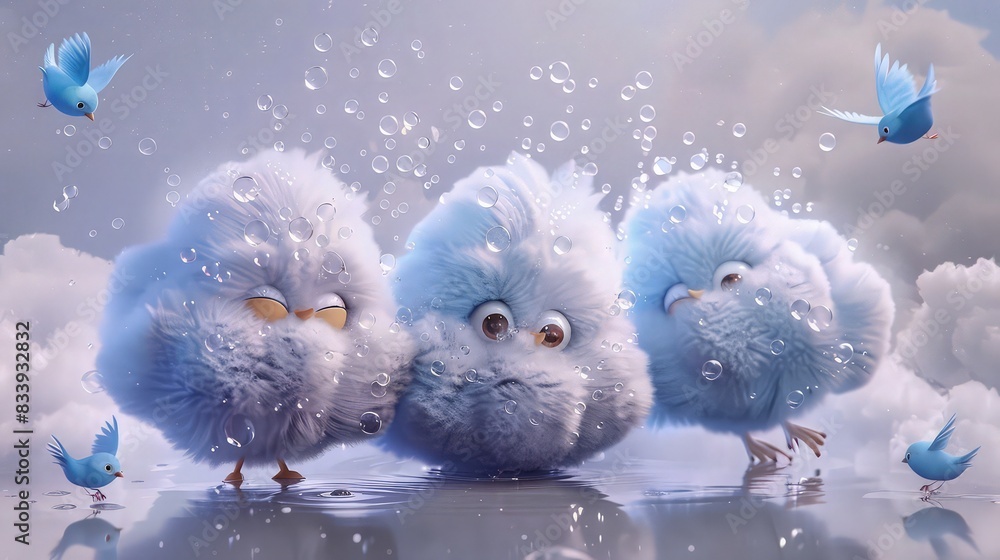 Poster three adorable fluffy clouds adorned with sparkling water droplets, accompanied by three fluffy feat
