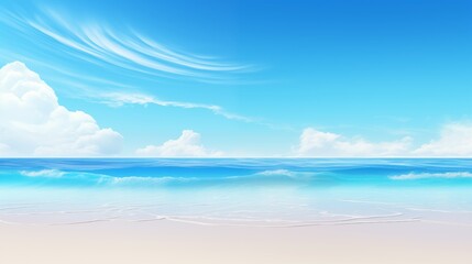Obraz premium Idyllic Beach Scene with Clear Blue Sky, Gentle Waves, and Sandy Shoreline