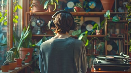 Person wearing headphones holding a vinyl record standing near a record player and potted plants seen from behind - Powered by Adobe