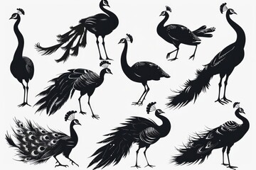 A group of black and white peacocks perched on a white background, showcasing their vibrant feathers