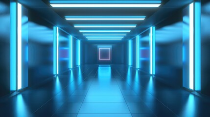 Obraz premium Futuristic Blue Neon Corridor with Glowing Lights