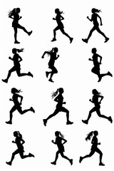 Silhouette of a woman running, captured against a bright blue sky or cityscape