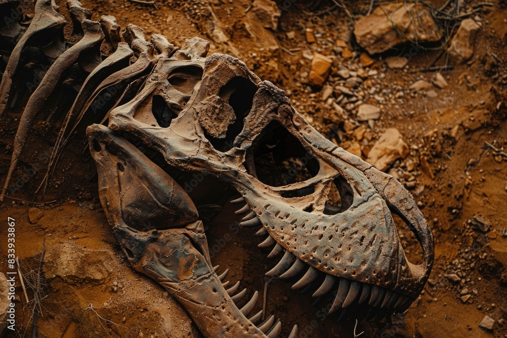 Poster A close-up view of a fossilized dinosaur skeleton, great for prehistoric or science-themed projects