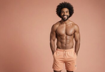 A shirtless man with a confident stance, his well-defined muscles and relaxed posture exude strength and calmness.