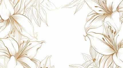 Lilies floral, luxury botanical on white background vector, empty space in the middle to leave room for text or logo, gold line wallpaper, leaves, flower, foliage, hand drawn