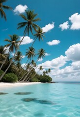 Obraz premium a beach with palm trees and a blue sky with clouds
