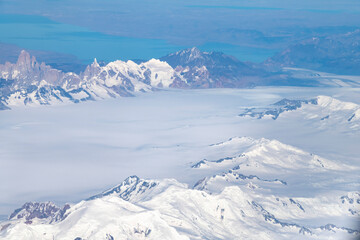 Naklejka premium Areal view of the Southern Patagonian Ice Field located at the Southern Patagonic Andes between Chile and Argentina with mountains, lakes and glaciers