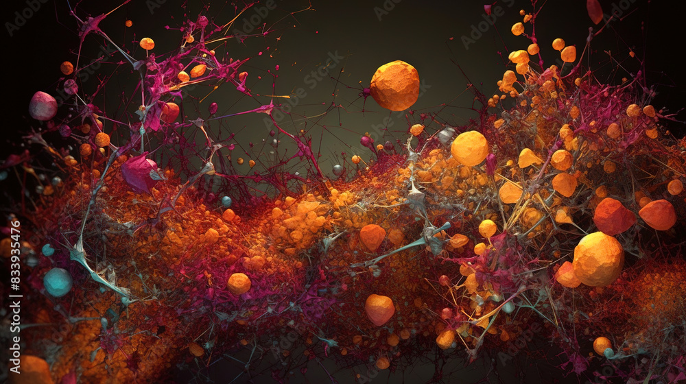 Poster Abstract scientific concept with connected cells and particles. Science microscopic background.