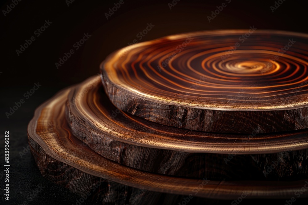 Poster A close-up shot of a wooden plate sitting on a table, possibly used for serving food or displaying decorative items
