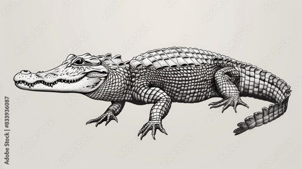 Poster a monochrome illustration of an american alligator, suitable for use in editorial or educational con