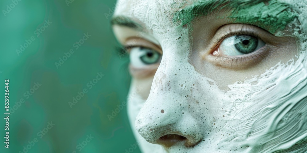 Poster a close-up view of a person's face painted white, suitable for use in various creative projects