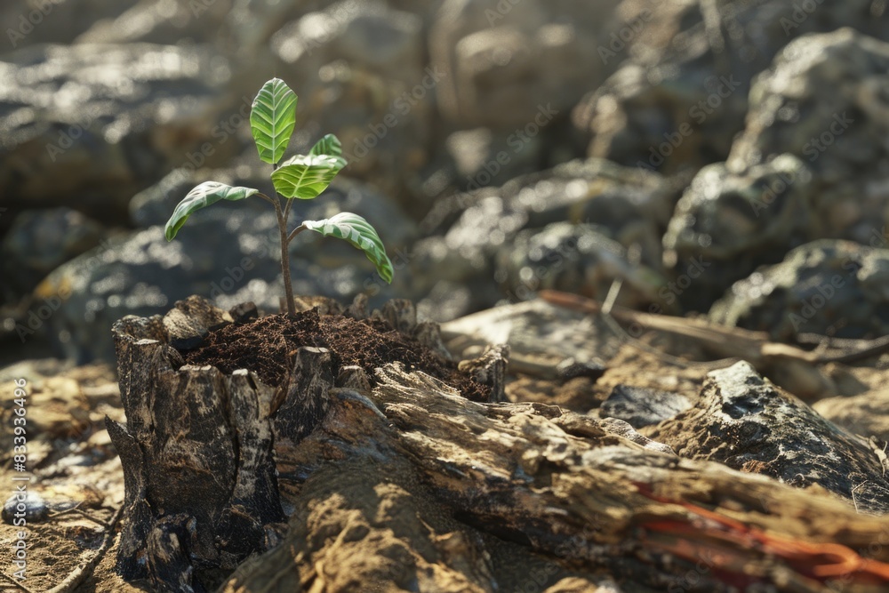 Wall mural A small plant grows out of a decaying tree stump in a natural setting