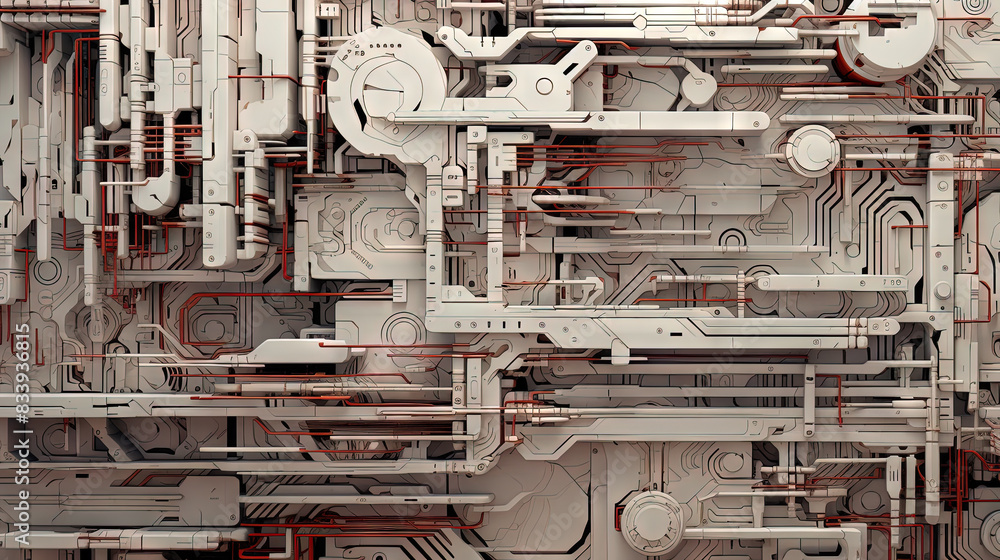 Poster Background with metallic panels texture, wires and circuit. Spaceship hull wall technology background.